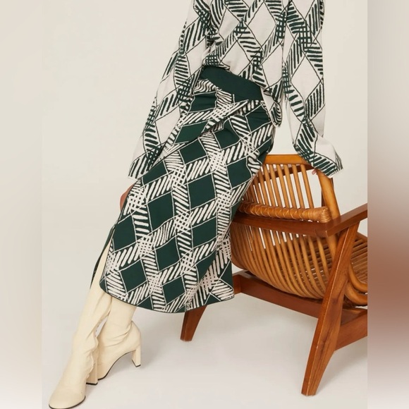 Tanya Taylor Candace Knit Wrap Midi Skirt, Geometric Print,Green/White,Wool, M - Picture 1 of 15